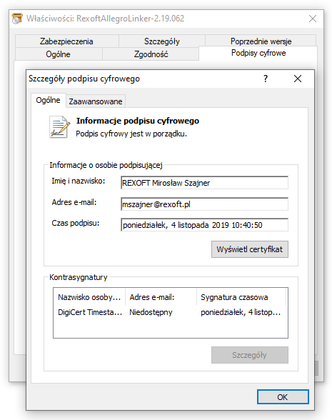 Rexoft Allegro Linker - Certyfikat Cyfrowy